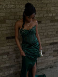 Gorgeous Mermaid Sweetheart Dark Green Slit Lace Beaded Bodice Prom Dresses Long Formal Party Gown HZ0311
