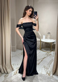 Classy Mermaid Off The Shoulder Black Slit Prom Dresses Party Dress Long Evening Dresses HZ0311