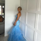 Floral Mermaid Sky Blue Prom Dress Strapless Long Formal Dress Evening Dress HZ0311