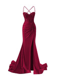 Mermaid Spaghetti Strap Prom Dresses for Women Satin Lace Applique Ruched Party Gown with Slit Formal Evening Dresses HZ0311