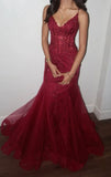 Mermaid V Neck Tulle Burgundy Prom Dress With Lace Formal Evening Dresses HZ0311