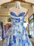 Pink Floral Corset Ball Gown Floral Blush Tiered Chiffon Long Corset Prom Dress with Slit Formal Evening Gowns HZ0311