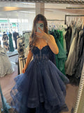 Classy Ball Gown Prom Dresses Inspiration 2026 Navy Blue Tulle Evening Dress With Lace Appliques For Teenagers High Schools HZ0311