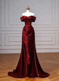 Simple Mermaid Burgundy Off the Shoulder Pleats Satin Long Prom Dress HZ0311