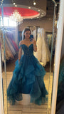 Princess Ball Gown Strapless Teal Blue Tulle Lace Prom Dress With Layers Prom Gown HZ0311
