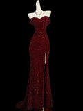 Classy Mermaid Sweetheart Red Slit Sequins Long Evening Gowns Prom Dresses HZ0311