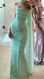 Sparkle Prom Dresses Mermaid Strapless Sequins Mint Green Slit Back Fashion Long Prom Dresses Party Gowns With Scarf HZ0311