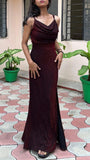 Classy Mermaid Spaghetti Strap Sequin Burgundy Floor Length Long Prom Dresses Graduation 20th Birthday Outfits HZ0311