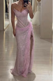 Sexy Mermaid Strapless Pink Lace With Split Prom Dresses Long Evening Formal Gown With Pleated Party Gowns HZ0311