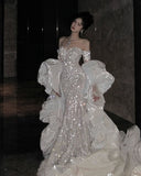Charming Women's Mermaid Off The Shoulder Sequins Lace With Long Sleeves Wedding Dresses HZ0311