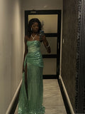 Sparkly Mermaid Strapless Green With Pleated Slit Bodice Long Prom Dress For Black Girls Evening Dresses HZ0311