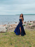 Sparkly Navy Blue A line Prom Dress Aesthetic Spaghetti Straps Midnight Long Prom Dresses Dark Blue Formal Gown Inspo Slit Evening Outfit HZ0311