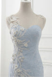 Baby Blue Sweep Train Lace Mermaid Evening Dresses, Formal Dress With Applique HZ0427