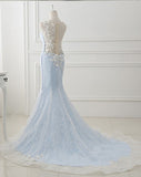 Baby Blue Sweep Train Lace Mermaid Evening Dresses, Formal Dress With Applique HZ0427