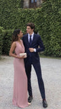 Simple Sheath Cowl Neck Pink Sleeveless Long Prom Dresses Wedding Guest Dress Classy Prom Gowns HZ0311