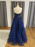 Strapless Open Back Navy Blue Lace Beaded Long Prom Dresses, Navy Blue Lace Formal Graduation Evening Dresses Formal Dress HZ0311
