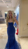 Gorgeous Electric Royal Blue Mermaid V-Neck Prom Dress Spaghetti-Straps Lace Formal Party Gowns HZ0311