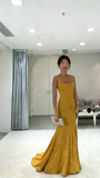 Sexy Prom Dresses 1950s Mermaid Spaghetti Straps Yellow Satin Long Parties Gowns Evening Dress HZ0311