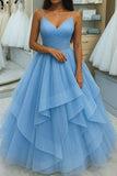 Classy Ball Gown Spaghetti Strap Blue Tulle Prom Dress Aesthetic For Teens Formal Dresses Party Outfits Prom Gown HZ0311