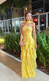 Gorgeous Yellow Strapless Sleeveless Chiffon Prom Dresses Ruffles Sheath With High Slit HZ0311