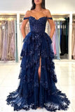 Modest A line Off The Shoulder Navy Blue Lace Slit Prom Dresses With Sleeves Party Dress Evening Dresses HZ0311