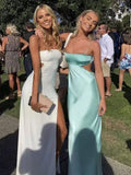Spaghetti Straps Sheath Aqua Blue Prom Dress Formal Satin Party Dress HZ0311