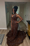 Elegant Sparkle Brown Mermaid Court Train V-neck Sleeveless Prom Dresses For Women HZ0311