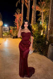 Sparkling Burgundy Sweetheart Strapless Sleeveless Sequins Prom Dress Mermaid Column On Sale HZ0311