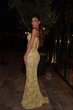 Dreamy Daffodil Sweetheart Strapless Sleeveless Lace Prom Dress Mermaid Side Split With Lace-Up Back Formal Party Gown For Women HZ0311