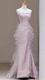 Modest Mermaid Strapless Pink Sequins Prom Dresses Inspiration Long Party Night Evening Dress 18th Birthday Outfits HZ0311