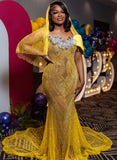 Modest Mermaid Strapless Yellow Sequins Prom Dresses Black Women Inspiration Long Party Night Evening Dress 18th Birthday Outfits HZ0311
