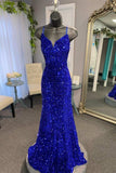 Spaghetti Straps Mermaid Sequin Long Evening Prom Dress Party Gown HZ0311