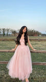 Simple A line Spaghetti Strap Pink Tulle Prom Dresses For Teens Formal Dress Party Outfits Prom Gowns HZ0311