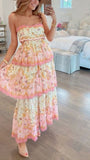 Elegant A Line Spaghetti Straps Floral Print Ruffles Long Prom Dress Party Gowns HZ0311