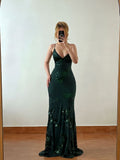 Fitted Dark Green Halter Strap Sleeveless Backless Floor Length Prom Dresses HZ0311