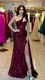 Classy Glitter Burgundy Sequin Prom Dress Slit Party Dress Inspo Long Prom Gown HZ0311