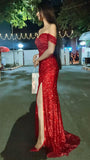Luxurious Mermaid Off The Shoulder Red Sequin With Slit 2026 Prom Dress 16 Birthday Party Dress For Women Formal Gown HZ0311