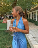Simple Halter A Line Blue Long Prom Dresses For Women HZ0311