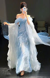 Light Blue Mermaid Off The Shoulder Pleated Prom Dresses Evening Formal Gown Semi Formal Grad Long Prom Dress For Teens HZ0311