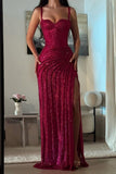 Glitter Bodycon Prom Dress with Sweetheart Neck Spaghetti Straps Ruched Side Slit For Teens High Schools HZ0311