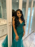 Dark Green Mermaid Tulle Lace Prom Dress Winter Gown Semi Formal Grad Long Prom Dress For Teens HZ0311