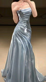 Light Blue Strapless Pleated Prom Dresses Evening Formal Gown Semi Formal Grad Long Prom Dress For Teens HZ0311