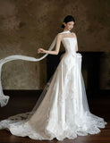 Elegant Women's A line Strapless Sleeveless White Satin Pleated Long Wedding Gowns Dresses HZ0311