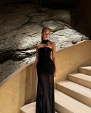 Classy Mermaid Strapless Black Chiffon Floor Length Long Bodycon Maxi Prom Dresses Graduation 20th Birthday Outfits HZ0311