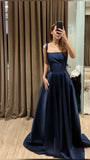 Unique A line Square Neck Satin Navy Blue Long Prom Dresses Dark Blue Formal Gown Inspo Evening Dress HZ0311