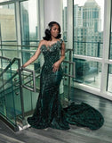 Luxury One Shoulder Satin Beaded Evening Dress Emerald Green Mermaid Prom Dresses HZ0311