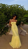 Mermaid Prom Dresses Spaghetti Straps Sexy Special Dress Lace Yellow Party Gowns HZ0311