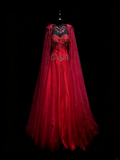 Elegant Ball Gown Sweetheart Red Tulle With Cape Beadings Floor Length Inspiration Long Prom Dresses HZ0311