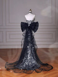 Black Glitter Sequins Tulle Mermaid Prom Dress Strapless Evening Dress With Bow For Teenagers High Schools HZ0311