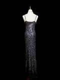 Vintage Fashion Night Aesthetic Mermaid Spaghetti Straps 80s 70s 90s Silver Grey Sequin College Formal Outfit Long Prom Graduation Dresses HZ0311